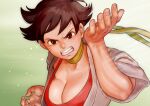  1girl angry breasts brown_eyes brown_hair choker cleavage dougi grimace karate_gi kaze_fukeba_nanashi looking_at_viewer makoto_(street_fighter) medium_breasts pose red_sports_bra ribbon_choker short_hair solo sports_bra street_fighter street_fighter_iii_(series) tomboy 