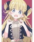  1girl bangs black_bow blonde_hair blue_eyes blunt_bangs blush bow commentary_request emilyko eyebrows_visible_through_hair hair_bow ixy long_hair looking_at_viewer open_mouth pillarboxed puffy_sleeves red_background shadows_house simple_background solo two_side_up upper_body 