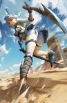  1girl absurdres bandages cloud foreshortening high_heels highres holding_hands kaine_(nier) kuno_(runkunochan) lingerie looking_at_viewer nier nier_(series) outdoors running short_hair sky underwear weapon white_hair 