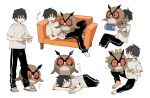  1boy bangs barefoot bird black_hair black_pants closed_eyes commentary_request couch gen_2_pokemon grey_footwear holding hoothoot male_focus multiple_views newo_(shinra-p) on_lap pants pokemon pokemon_(creature) pokemon_on_lap shirt short_hair short_sleeves simple_background slippers socks standing sweatdrop t-shirt toes translation_request white_background 