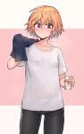  1girl breasts covered_nipples cup drinking_glass gojarun highres holding idolmaster idolmaster_cinderella_girls ninomiya_asuka no_bra orange_hair pink_eyes see-through shirt short_hair simple_background small_breasts solo t-shirt towel wet wet_hair 