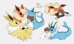  1boy :3 :d black_pants blush brown_hair closed_eyes closed_mouth commentary_request flareon gen_1_pokemon holding_hands jolteon long_sleeves lying male_focus multiple_views newo_(shinra-p) on_stomach open_mouth orange_eyes pants pokemon pokemon_(creature) shirt short_hair sleeping smile translation_request vaporeon white_shirt |d 