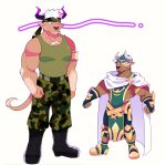  2boys animal_ears bara brown_fur camouflage camouflage_headwear camouflage_pants chest_hair cow_ears cow_horns eye_contact furry green_tank_top height_conscious height_difference highres horns lisuchi looking_at_another male_focus marduk_(tokyo_houkago_summoners) minotaur multiple_boys muscular muscular_male pants pectorals pelvic_curtain purple_eyes purple_horns shennong_(tokyo_houkago_summoners) short_hair size_difference tank_top tokyo_houkago_summoners white_hair 