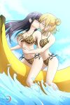  2girls aihara_mei aihara_yuzu alternate_hairstyle animal_print banana_boat bare_shoulders between_breasts bikini black_eyes black_hair blonde_hair breast_grab breasts citrus_(saburouta) cleavage closed_eyes collarbone commentary commission couple english_commentary fingernails grabbing hair_bun half-closed_eyes highres hug hug_from_behind kiss large_breasts leopard_print multiple_girls outdoors partially_submerged pink_nails side-tie_bikini step-siblings summer sunlight swimsuit war_bunny water wife_and_wife yuri 