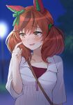  1girl animal_ears blurry blurry_background blush casual collarbone commentary_request embarrassed finger_to_face hair_ornament hair_ribbon highres horse_ears looking_away low_twintails medium_hair nice_nature_(umamusume) night open_mouth red_hair ribbon solo somechime_(sometime1209) twintails umamusume yellow_eyes 