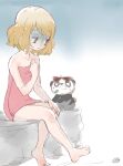  1girl absurdres barefoot brown_hair chorimokki feet flat_chest gen_6_pokemon highres legs naked_towel oekaki open_mouth pancham pokemon pokemon_(anime) pokemon_(creature) pokemon_xy_(anime) serena_(pokemon) short_hair sunglasses towel 