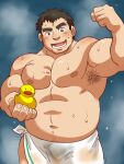  1boy abs bara bare_pectorals belly biceps blush bulge character_request facial_hair flexing highres kirupi large_pectorals looking_at_viewer male_focus muscular muscular_male naked_towel navel nipples pectorals plump pose rubber_duck see-through short_hair sideburns smile solo stomach stubble thick_eyebrows tokyo_houkago_summoners towel 