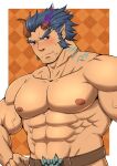  1boy abs absurdres bara belt bingjiangjun blush broken_horn brown_belt dark_blue_hair demon_boy demon_horns facial_hair fang fiery_horns highres horns large_pectorals long_sideburns looking_at_viewer male_focus mature_male muscular muscular_male navel nipples pectorals shirtless short_hair sideburns solo stomach stubble takemaru_(tokyo_houkago_summoners) thick_eyebrows tokyo_houkago_summoners 