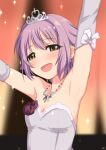  1girl :d armpits arms_up blurry blurry_background brown_eyes earrings elbow_gloves gloves hair_intakes idolmaster idolmaster_cinderella_girls jewelry koshimizu_sachiko looking_at_viewer necklace open_mouth pink_hair sakaki_imasato short_hair smile solo strapless sweat tiara upper_body 