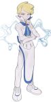  1boy absurdres apron ascot bangs blonde_hair blue_eyes blue_neckwear chin_stroking closed_mouth elite_four full_body hand_up high_collar highres long_sleeves looking_at_viewer male_focus mimura_(nnnnnnnnmoo) pants pokemon pokemon_(game) pokemon_xy shirt shoes short_hair siebold_(pokemon) solo standing swept_bangs waist_apron white_background white_footwear white_pants white_shirt 