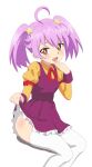  1girl :d ahoge aoi_nika belt beyblade beyblade:_burst bright_pupils brown_eyes clothes_lift collared_shirt covering_mouth dress dress_lift fang hand_over_own_mouth highres invisible_chair juliet_sleeves long_sleeves looking_at_viewer neck_ribbon open_mouth puffy_sleeves purple_dress purple_hair red_ribbon ribbon shirt sincos sitting smile solo thighhighs twintails white_legwear white_pupils wing_collar yellow_shirt 