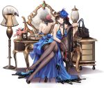  1girl ark_order bag bangs bare_back bare_shoulders black_gloves black_legwear blue_dress blue_headwear breasts cat character_request crossed_legs desk_lamp dress feet gloves handbag hat high_heels holding holding_shoes lamp large_breasts mirror official_art pantyhose plant potted_plant red_cucumber red_eyes shoes sitting transparent_background 