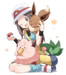  1girl ;d absurdres bag blue_shirt brown_eyes brown_hair buchi_(y0u0ri_) clefairy commentary eevee food fruit gen_1_pokemon green_legwear hat head_tilt highres holding holding_poke_ball leaf_(pokemon) long_hair looking_at_viewer loose_socks miniskirt oddish on_shoulder one_eye_closed open_mouth peach poke_ball poke_ball_(basic) pokemon pokemon_(creature) pokemon_(game) pokemon_frlg pokemon_on_shoulder porkpie_hat red_skirt satchel shadow shirt shoes sitting skirt sleeveless sleeveless_shirt smile wariza white_background white_footwear white_headwear 