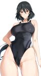  1girl ass_visible_through_thighs black_hair black_swimsuit breasts brown_eyes competition_swimsuit covered_navel cowboy_shot from_below halcon highleg highleg_swimsuit highres infinite_stratos looking_at_viewer looking_down medium_breasts one-piece_swimsuit orimura_chifuyu short_hair smile solo swimsuit 