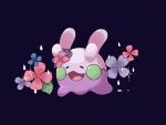  black_background blush closed_eyes commentary_request creature flower full_body gen_6_pokemon goomy no_humans open_mouth pink_flower pokemon pokemon_(creature) simple_background smile solo sparkle tongue usoko_(sani_ma_ru) water_drop |d 