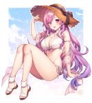  1girl arm_strap arm_support arm_up ass bare_legs bare_shoulders bikini breasts brown_headwear cleavage eyes_visible_through_hair front-tie_bikini front-tie_top full_body groin halterneck hat highres komeshiro_kasu large_breasts legs long_hair looking_at_viewer open_mouth original pink_hair red_eyes sandals shawl smile solo straw_hat string_bikini swimsuit thighs very_long_hair white_background white_bikini 