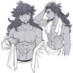  1boy abs bangs buttons collarbone commentary_request facial_hair greyscale hand_on_own_head highres korean_commentary leon_(pokemon) long_hair male_focus monochrome muscular muscular_male navel parted_lips pectorals pokemon pokemon_(game) pokemon_swsh rnehrdyd1212 shirt simple_background smile sweat towel towel_around_neck towel_around_waist undressing white_background white_shirt 