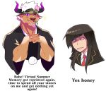  1boy 1girl animal_ears blush brown_fur camouflage camouflage_headwear cow_ears cow_horns cropped_torso dick_flattening english_text furry highres horns lisuchi master_2_(tokyo_houkago_summoners) meme minotaur one_eye_closed own_hands_together parody purple_eyes purple_horns shennong_(tokyo_houkago_summoners) short_hair tokyo_houkago_summoners white_hair 