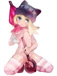  1girl amitie_(puyopuyo) animal_ear_headwear areola_slip areolae beanie black_headwear blonde_hair blue_eyes blush breasts full_body hair_between_eyes hair_over_breasts hat holding holding_umbrella kneeling long_hair looking_at_viewer luncheon_meat_umai navel nude pussy_peek puyopuyo simple_background small_breasts solo striped striped_legwear thighhighs tongue tongue_out umbrella white_background wristband 