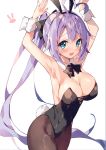  1girl ahoge animal_ears armpits arms_up azur_lane black_neckwear blue_eyes bow bowtie breasts bunny_ears cleavage commentary_request detached_collar fake_animal_ears heart heart-shaped_pupils heart_ahoge highres large_breasts long_hair looking_at_viewer open_mouth pantyhose playboy_bunny portland_(azur_lane) purple_hair smile solo symbol-shaped_pupils thighs unacchi_(nyusankin) 