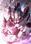  glowing glowing_eyes gundam gundam_08th_ms_team gundam_ez8 highres holding_own_arm kuri_giepi looking_down mecha mobile_suit no_humans radio_antenna red_eyes science_fiction solo 