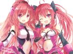  2girls :d ;d ahoge bow breasts collar grace_(sound_voltex) kasane_(cynthia) long_hair looking_at_viewer multiple_girls navel one_eye_closed open_mouth pink_eyes pink_hair rasis smile sound_voltex twintails very_long_hair 