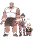  1girl 2boys animal_ears bare_shoulders black_hair blush breasts butler character_request chest_hair dog_boy dog_ears facial_hair full_body fuyodo giant giant_male goatee gomeisa_(live_a_hero) grey_hair head_on_chest height_difference highres live_a_hero long_sideburns male_focus multiple_boys muscular muscular_male necktie pectorals pelvic_curtain short_hair sideburns size_difference sketch sleeveless tattoo tribal_tattoo upper_body 