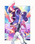  1boy arm_up bangs baseball_cap border cape champion_uniform charizard closed_mouth cloud commentary_request day facial_hair fire fur-trimmed_cape fur_trim gen_1_pokemon hat highres knees kusuribe leggings legs_apart leon_(pokemon) long_hair looking_at_viewer male_focus number outside_border pokemon pokemon_(creature) pokemon_(game) pokemon_swsh pose purple_hair red_cape shirt short_shorts short_sleeves shorts sky smile sparkle stadium w white_legwear white_shorts white_wristband yellow_eyes 