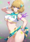  1girl arm_ribbon armpits artist_name bangs bare_shoulders blue_eyes blush breasts brown_hair butterfly_hair_ornament cheerleader contrapposto covered_nipples cowboy_shot crop_top eyebrows_visible_through_hair green_nails hair_ornament hand_on_hip hand_on_own_face heart highres ichinose_minori joy_ride large_breasts lips looking_at_viewer midriff miniskirt navel panties parted_lips pleated_skirt precure ribbon rimless_eyewear round_eyewear shiny shiny_hair shiny_skin shirt short_hair skindentation skirt sleeveless sleeveless_shirt solo thigh_tattoo thighs thong tropical-rouge!_precure turtleneck two-tone_skirt underboob underwear w_over_eye wristband yellow_panties 