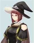  1girl bare_shoulders breasts brown_eyes cape fire_emblem fire_emblem_awakening glasses grey_background hat highres large_breasts looking_to_the_side medium_hair miriel_(fire_emblem) red_hair shougayaki_(kabayaki_3) solo turtleneck upper_body witch_hat 