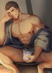 1boy abs absurdres artist_name bara bare_pectorals bare_shoulders barefoot brown_hair bulge collarbone crotch_grab elbow_on_knee elbow_rest facial_hair fundoshi goatee grey_kimono grin hand_on_own_cheek hand_on_own_face hand_up highres huge_filesize indoors japanese_clothes kimono large_pectorals looking_at_viewer male_focus muscular muscular_male nipples off_shoulder open_clothes open_kimono original pectorals short_hair signature smile solo spread_legs squatting stubble yukata zifuuuun 