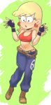  1girl belt blonde_hair blue_mary blue_mary_(cosplay) blue_pants cosplay fatal_fury fingerless_gloves full_body gloves highres kaze_fukeba_nanashi leni_loud long_hair loose_belt pants solo the_king_of_fighters the_loud_house 