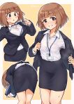  1girl ass bent_over blush bra_through_clothes brown_eyes brown_hair formal gojarun grin highres id_card idolmaster idolmaster_cinderella_girls kitami_yuzu office_lady pantylines pencil_skirt see-through short_hair simple_background skirt smile suit undressing 