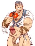  1boy abs arm_hair bar_censor bara blush censored chest_hair closed_eyes erection facial_hair fanning_face fundoshi fundoshi_aside grin hachimaki happi headband highres japanese_clothes kirupi large_pectorals male_cleavage male_focus male_masturbation male_pubic_hair masturbation mature_male muscular muscular_male navel nipples old old_man pectorals penis precum pubic_hair rope short_hair sideburns smile solo stomach stubble testicles thick_thighs thighs tokyo_houkago_summoners water_deity_(tokyo_houkago_summoners) 