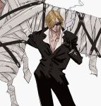  2boys bandages beard blonde_hair carrying cigarette closed_mouth collarbone cosplay facial_hair formal gloves hair_over_one_eye head_out_of_frame highres holding holding_cigarette jacket jinnnnai long_sleeves male_focus multiple_boys nicholas_d._wolfwood nicholas_d._wolfwood_(cosplay) one_piece over_shoulder pants roronoa_zoro sanji short_hair simple_background smoke solo_focus spoilers standing suit suit_jacket sunglasses trigun white_background 