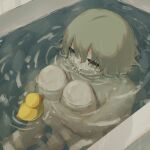  1boy avogado6 barefoot bathtub blue_eyes commentary_request completely_nude crying crying_with_eyes_open grey_hair leg_hug male_focus nude original partially_submerged rubber_duck solo tears water 