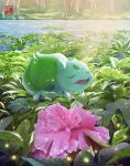  bulbasaur closed_eyes dew_drop fiona_hsieh flower gen_1_pokemon leaf oddish open_mouth plant pokemon pond smile sunlight tree water_drop 