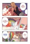  ! !! ... 2girls ? applejack apron bare_shoulders blonde_hair closed_eyes commentary_request dcon_34 english_text eyebrows_visible_through_hair highres kitchen light_blush lying multicolored_hair multiple_girls my_little_pony on_side pillow rainbow_dash sink speech_bubble yuri 
