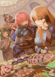  1boy 3girls absurdres brown_hair clams clenched_hand copyright_name crossed_arms food green_hair hand_up highres indoors meat multiple_girls muscular pink_hair pixiv_fantasia pixiv_fantasia_age_of_starlight plate pointy_ears sitting spoon tomatom47240459 