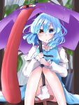  1girl bangs blue_eyes blue_hair blue_vest cross-laced_clothes eyebrows_visible_through_hair heterochromia highres holding holding_umbrella izumi_no_yasushi_aya juliet_sleeves karakasa_obake leaf legs long_sleeves looking_at_viewer open_mouth puffy_sleeves purple_umbrella red_eyes shirt short_hair sitting solo tatara_kogasa tongue touhou tree umbrella vest white_shirt 