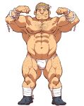  1boy abs arm_hair armpit_hair bara beard biceps blonde_hair body_hair bulge character_request chest_hair facial_hair flexing full_body fundoshi hachimaki hairy headband highres japanese_clothes kirupi large_pectorals leg_hair looking_at_viewer male_focus mature_male muscular muscular_male navel navel_hair nipples pectorals pose short_hair smile solo standing stomach thick_thighs thighs tokyo_houkago_summoners underwear underwear_only white_male_underwear 