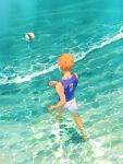  1boy ball from_above from_behind haikyuu!! highres hinata_shouyou male_focus ocean orange_hair outdoors re_it0 short_hair shorts solo tank_top twitter_username volleyball wading walking water waves 