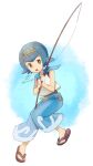  1girl :o bangs blue_eyes blue_hair blue_pants blue_sailor_collar bright_pupils brown_footwear chitozen_(pri_zen) commentary_request fishing_line fishing_rod flip-flops full_body hairband highres holding holding_fishing_rod knees_together_feet_apart lana_(pokemon) looking_at_viewer no_sclera one-piece_swimsuit open_mouth pants pokemon pokemon_(game) pokemon_sm sailor_collar sandals shirt short_hair signature sleeveless solo swimsuit swimsuit_under_clothes toes tongue trial_captain twitter_username white_pupils white_shirt 