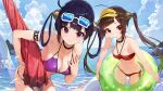  2girls ahoge armpits azur_lane bare_arms bare_shoulders beach_umbrella bent_over bikini black_choker black_hair breasts brown_hair choker cleavage day food frown hair_ornament hair_rings halter_top halterneck hand_on_own_chest innertube long_hair looking_at_viewer medium_breasts mossi mouth_hold multiple_girls ning_hai_(azur_lane) ning_hai_(summer_hunger)_(azur_lane) ocean official_alternate_costume official_art outdoors ping_hai_(azur_lane) ping_hai_(merry_summer)_(azur_lane) popsicle purple_bikini purple_eyes red_bikini red_eyes side-tie_bikini small_breasts standing string_bikini swimsuit thighs twintails umbrella v-shaped_eyebrows visor_cap wading water 