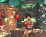  1girl :t bikini black_hair blue_bikini brick brown_eyes dappled_sunlight dark-skinned_female dark_skin denim denim_shorts eating food fruit hashi highleg highleg_swimsuit looking_at_viewer minigirl navel original plant potted_plant short_hair short_shorts shorts sitting solo strawberry sunlight swimsuit tomboy 