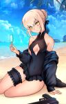  1girl artoria_pendragon_(all) artoria_pendragon_(alter_swimsuit_rider)_(fate) bangs bare_shoulders beach black_jacket black_ribbon black_swimsuit blonde_hair blue_sky blush braid breasts center_opening dress_swimsuit fate/grand_order fate_(series) food french_braid gun hair_bun hair_ribbon highres honi_(honi) jacket long_hair long_sleeves looking_at_viewer medium_breasts off_shoulder palm_tree popsicle ribbon shore sidelocks sitting sky solo swimsuit thighs tree weapon yellow_eyes 