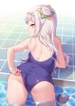  1girl adjusting_clothes adjusting_swimsuit ass back bangs bare_arms bare_shoulders blue_swimsuit blunt_bangs blush brown_eyes closed_mouth competition_school_swimsuit from_behind hair_bun hexagram_hair_ornament highres hololive long_hair looking_at_viewer looking_back murasaki_shion one-piece_swimsuit pool profile revision school_swimsuit shimokirin side_bun sidelocks silver_hair smile solo swimsuit tile_floor tiles very_long_hair virtual_youtuber wading water wet white_hair yellow_eyes 