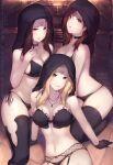  3girls :p arm_support artist_name bangs bare_shoulders bela_dimitrescu bikini black_bikini black_bra black_legwear black_panties blonde_hair bra breasts brown_eyes brown_hair cassandra_dimitrescu choker cleavage collarbone daniela_dimitrescu english_commentary english_text facial_mark forehead_mark garter_belt highres hood jewelry kimoshi large_breasts long_hair looking_at_viewer multiple_girls navel necklace open_mouth panties resident_evil resident_evil_village side-tie_bikini sitting smile stomach swimsuit thighhighs tile_floor tiles tongue tongue_out underwear 