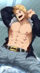 1boy abs alternate_hairstyle bara bare_pectorals belt blonde_hair blue_eyes boku_no_hero_academia bulge cape grey_pants head_tilt highres jacket kuroshinki looking_at_viewer male_focus muscular muscular_male navel nipples open_clothes open_jacket pants pectorals red_cape short_hair sitting smile solo spiked_hair spread_legs stomach togata_mirio watermark wet 