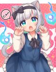  1girl absurdres animal_ears black_bow black_hairband blue_dress blue_eyes blue_vest blush bow cat_day cat_ears cat_tail commentary_request dress fang grey_hair hair_bow hairband hands_up highres hitodama kemonomimi_mode konpaku_youmu konpaku_youmu_(ghost) long_sleeves open_mouth paw_pose pink_background shirt short_hair skin_fang solo sparkle suguharu86 tail touhou twitter_username upper_body vest white_shirt 